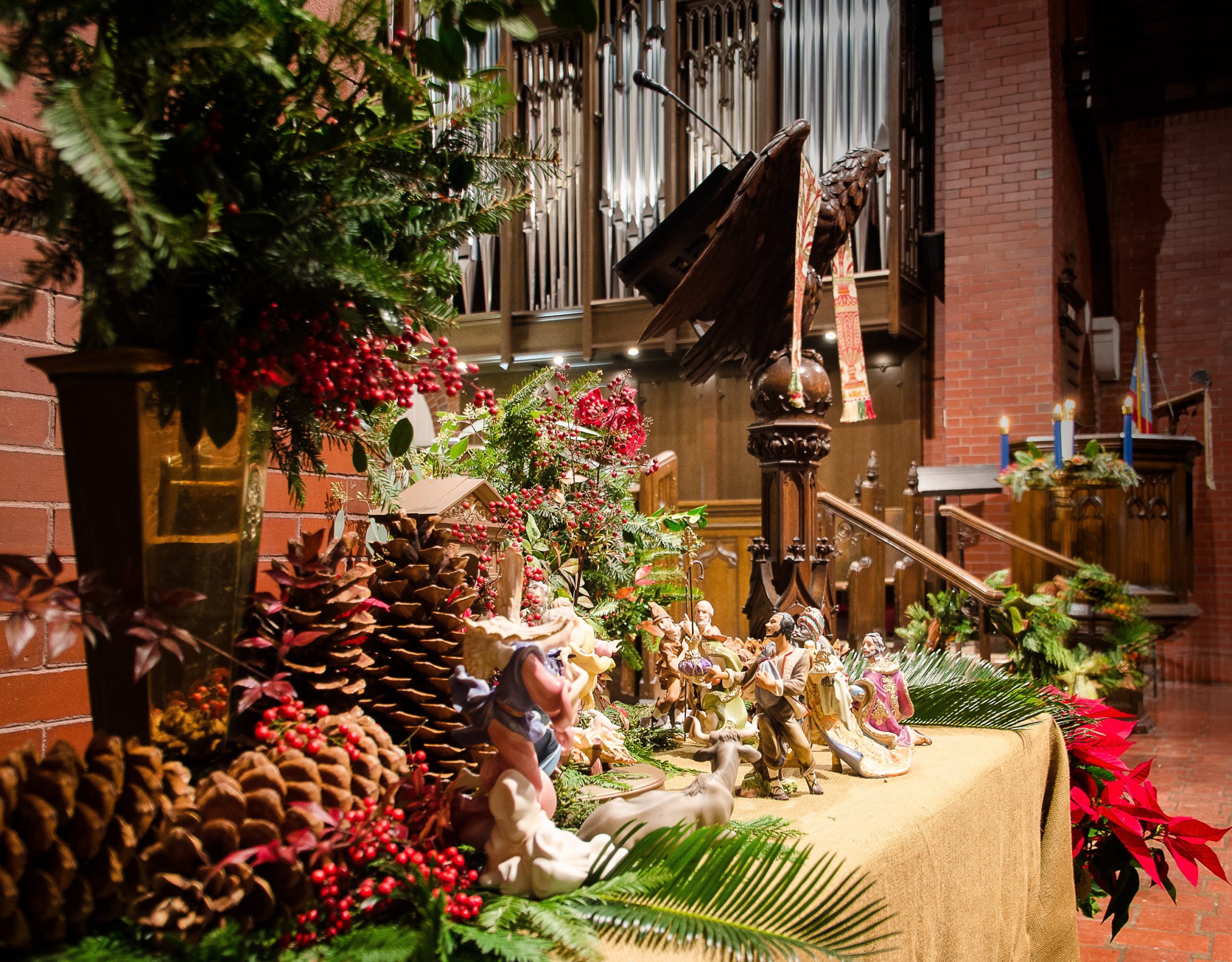 Decorated nativity scene with lectern, organ pipes, and advent wreath in background inside church