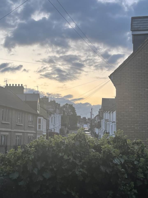 evening sky over Cambridge, UK row houses