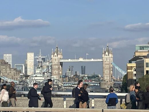 A city view and river view in London, UK, including the Tower Bridge